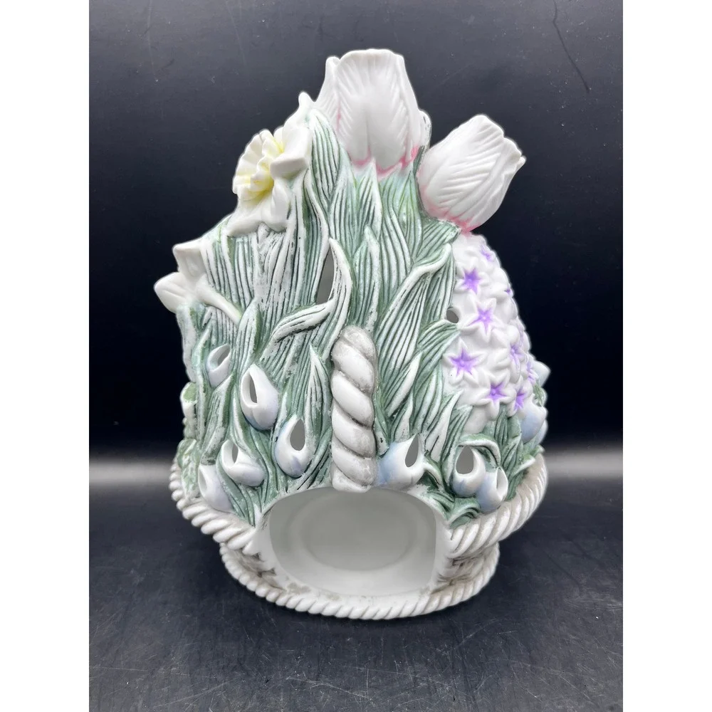 Vtg Partylite Ceramic Flower Basket Candle‎ Holder Spring Tulips Daffodils 8